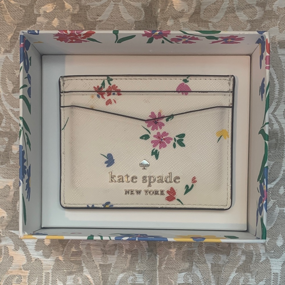 Kate Spade White Floral Ditsy Cardholder Slim Saffiano Leather Purse Wallet Case